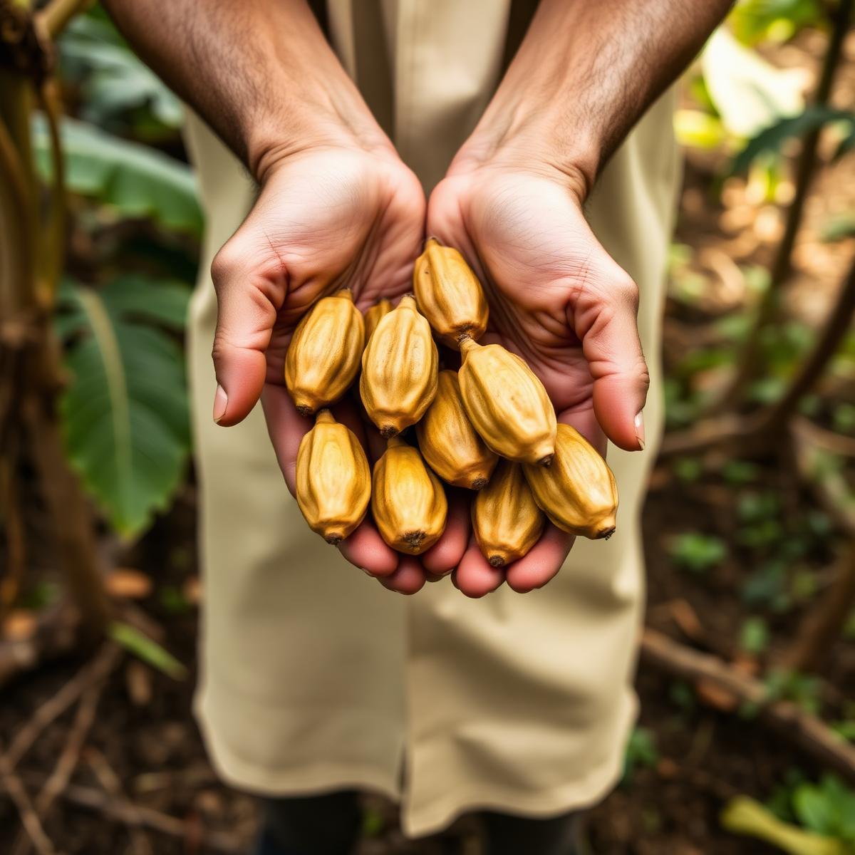 Manos sosteniendo mazorcas de cacao recién cosechadas